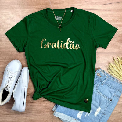 Camiseta Feminina Verde Gratidão Dourado