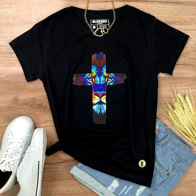 Camiseta Feminina Preta Cruz Leão Azul