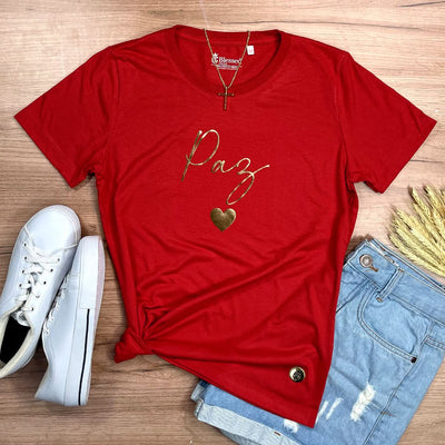Camiseta Feminina Vermelha Paz Coração Dourado