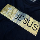Camiseta Feminina Preta Aplique Jesus Glitter Dourado