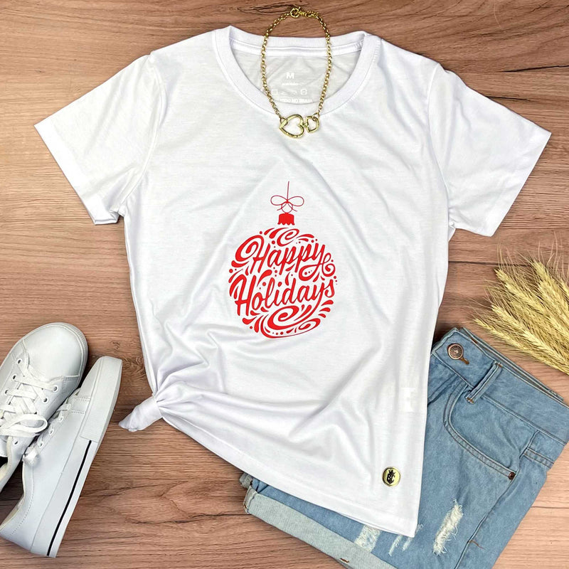 Camiseta Feminina Branca Happy Holidays