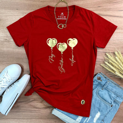 Camiseta Feminina Vermelha Coração Paz Amor Dourado