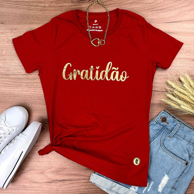 Camiseta Feminina Vermelha Gratidão Dourado