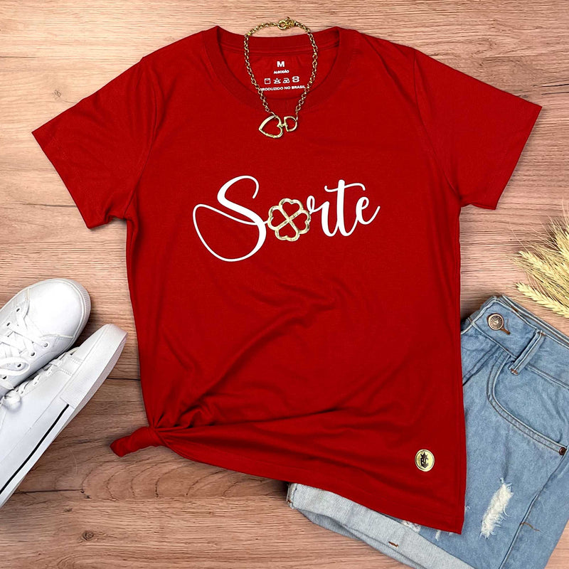 Camiseta Feminina Vermelha Sorte Dourado