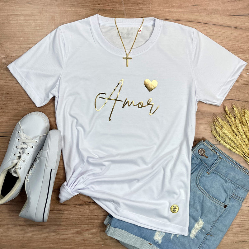 Camiseta Feminina Branca Amor Coração Dourado
