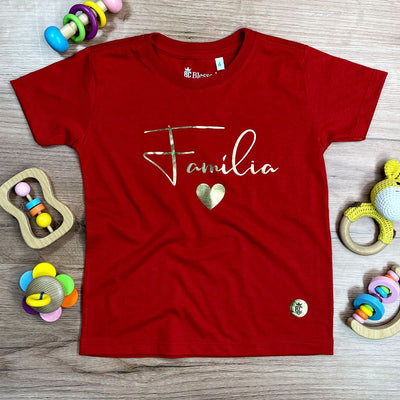 T-Shirt Infantil Vermelha Família Coração Dourado