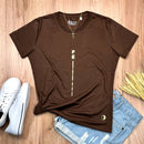 Camiseta Feminina Marrom Fé Listra Dourado