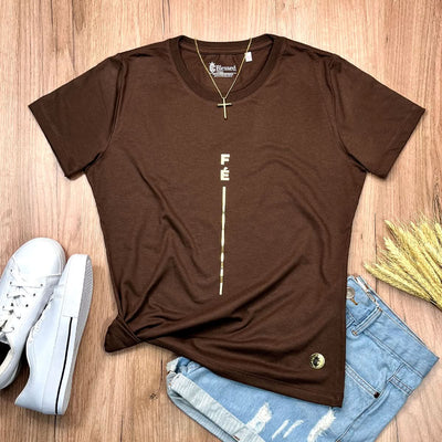 Camiseta Feminina Marrom Fé Listra Dourado