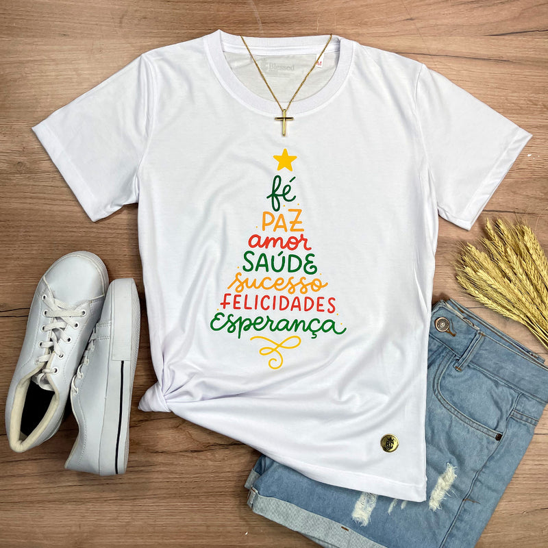 Camiseta Feminina Branca Árvore Fé Paz Colors
