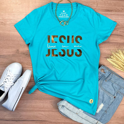 Camiseta Feminina Turquesa Jesus Lives In Me