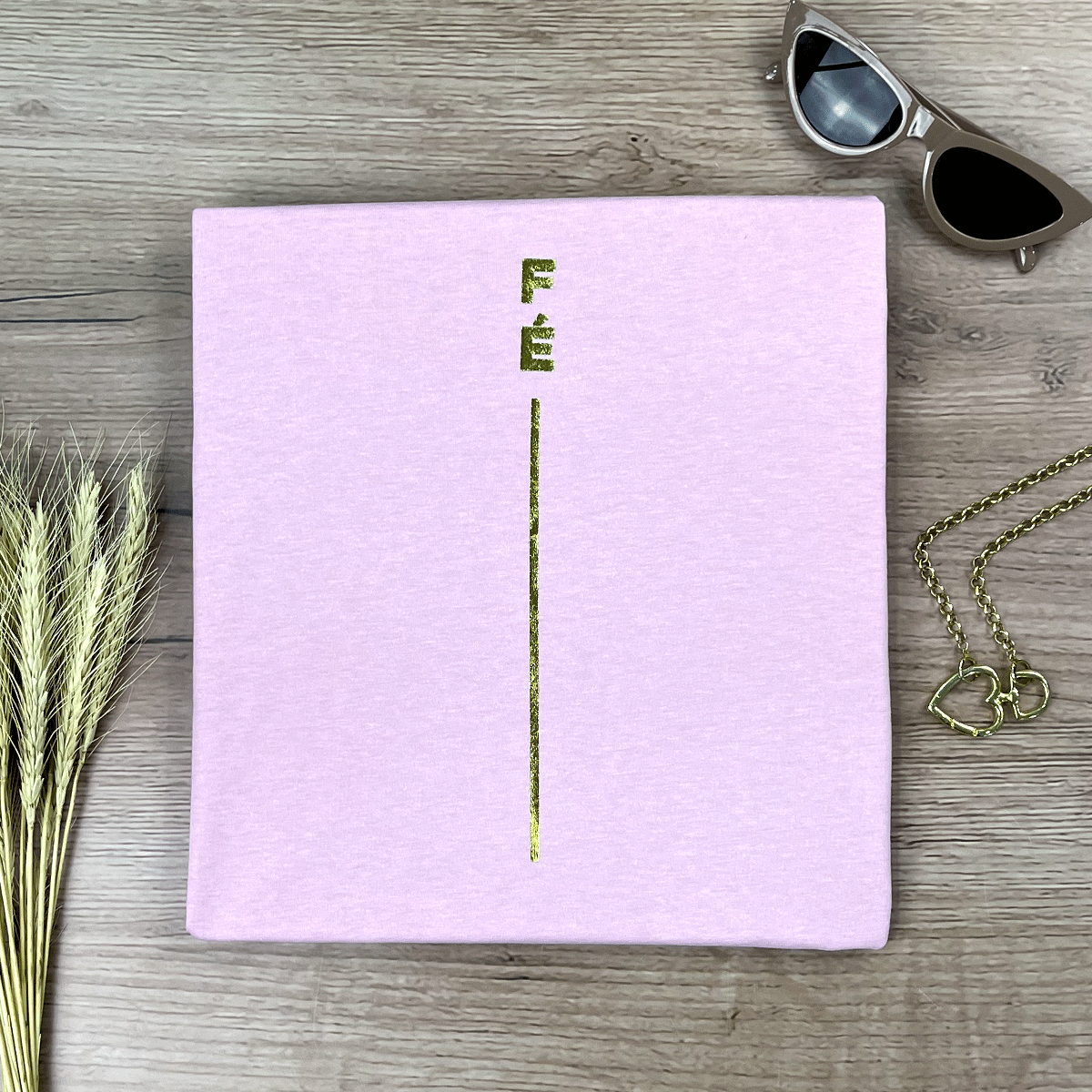 Camiseta Feminina Rosa Fé Listra Dourado