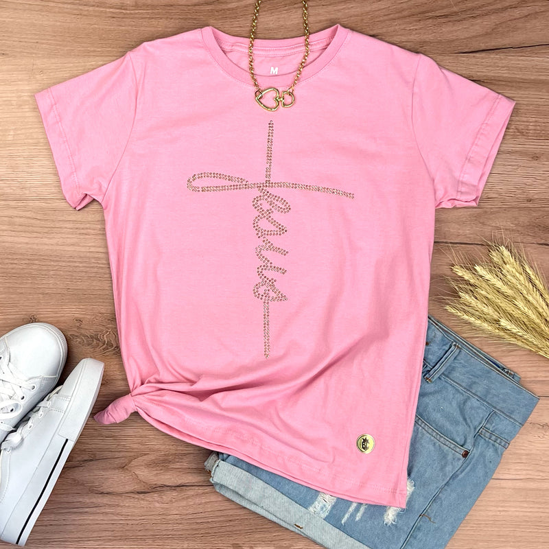 Camiseta Feminina Rosa Jesus Strass