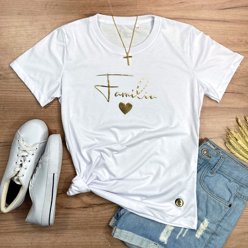 Camiseta Feminina Branca Família Coração Dourado