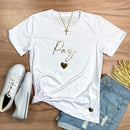 Camiseta Feminina Branca Paz Coração Dourado