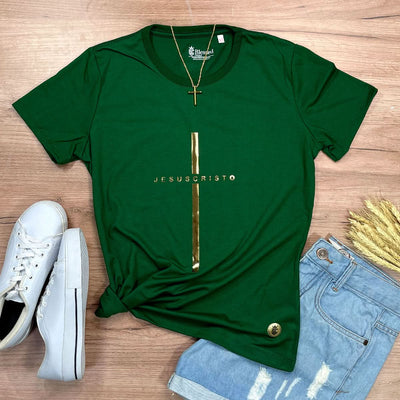 Camiseta Feminina Verde Cruz Dourada Jesus Cristo