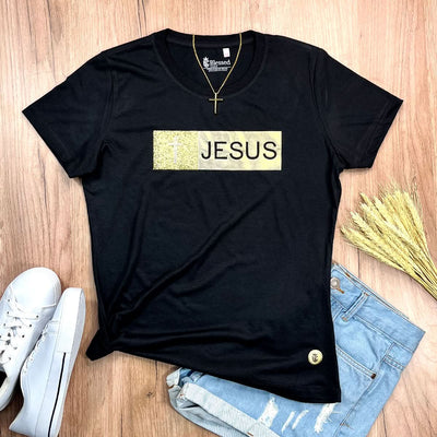Camiseta Feminina Preta Aplique Jesus Glitter Dourado