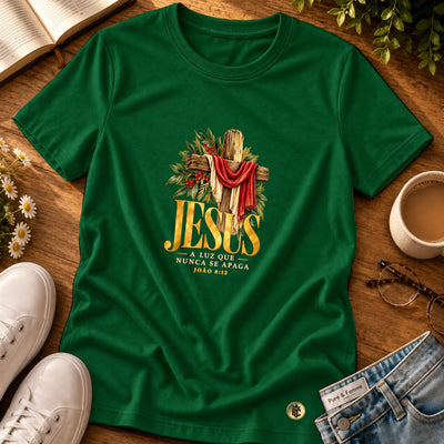 Camiseta Feminina Verde Jesus a Luz que nunca se apaga — Principal 01
