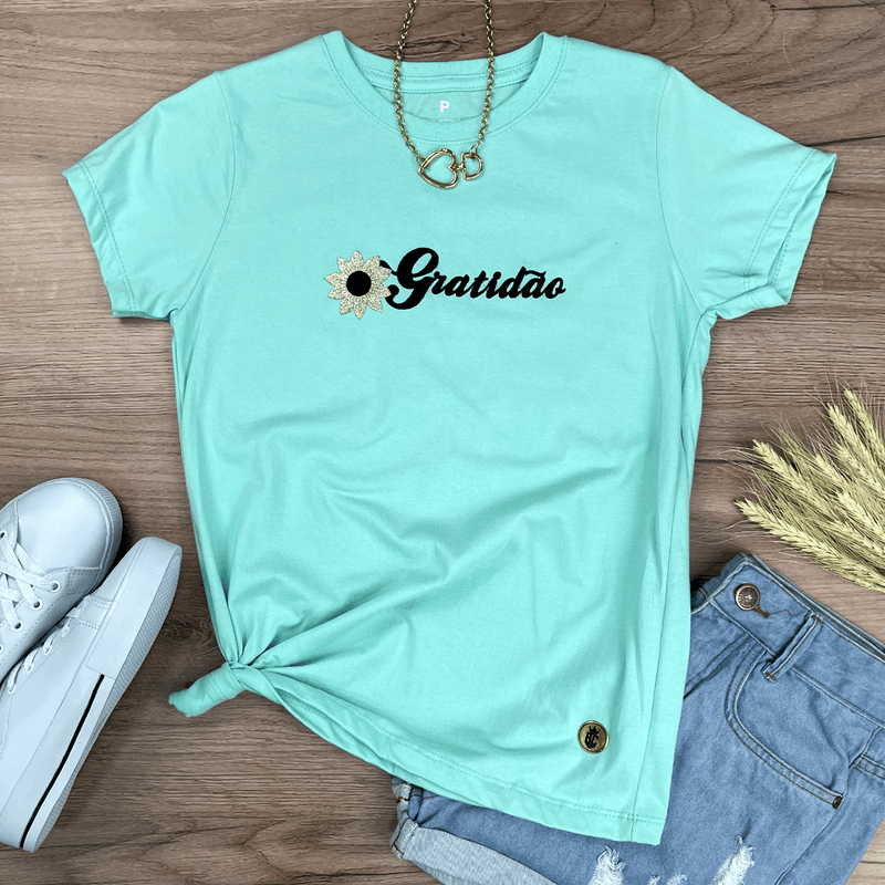 Camiseta Feminina Verde Menta Girassol Gratidão
