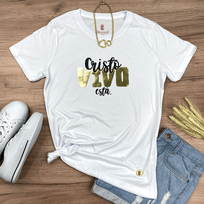 Camiseta Feminina Branca Cristo Vivo Está