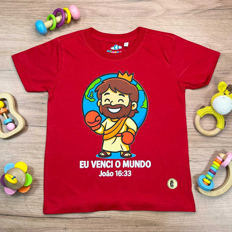 T-Shirt Infantil Vermelha Eu Venci o Mundo