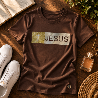 Camiseta feminina marrom com aplique cruz e JESUS em glitter dourado, vista flat