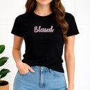 Camiseta Feminina Preta Blessed Glitter Pink Aplique
