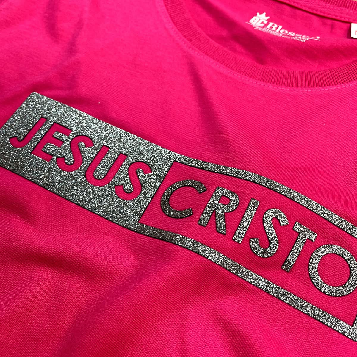 Camiseta Feminina Pink Jesus Cristo Glitter