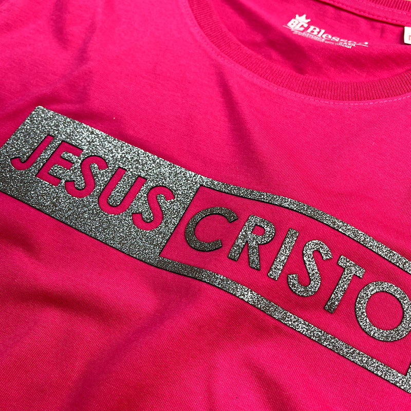 Camiseta Feminina Pink Jesus Cristo Glitter
