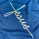 Camiseta Masculina Azul Aplique Cruz Jesus