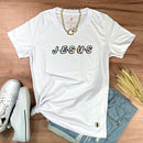 Camiseta Feminina Branca Aplique J.E.S.U.S