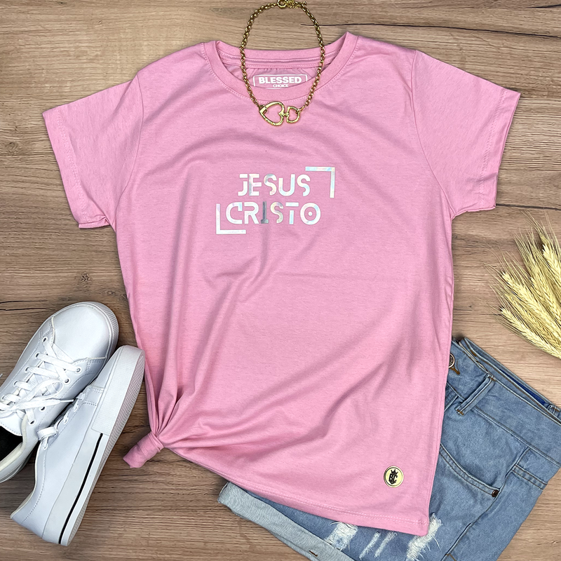 Camiseta Feminina Rosa Jesus Cristo Holográfico