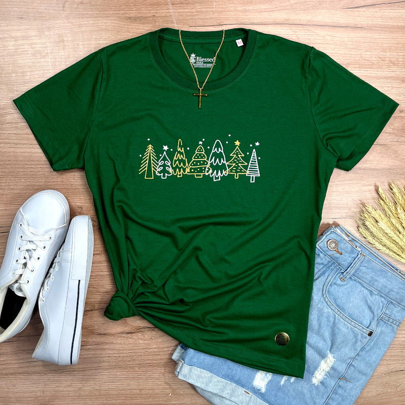 Camiseta Feminina Verde Árvores Natal