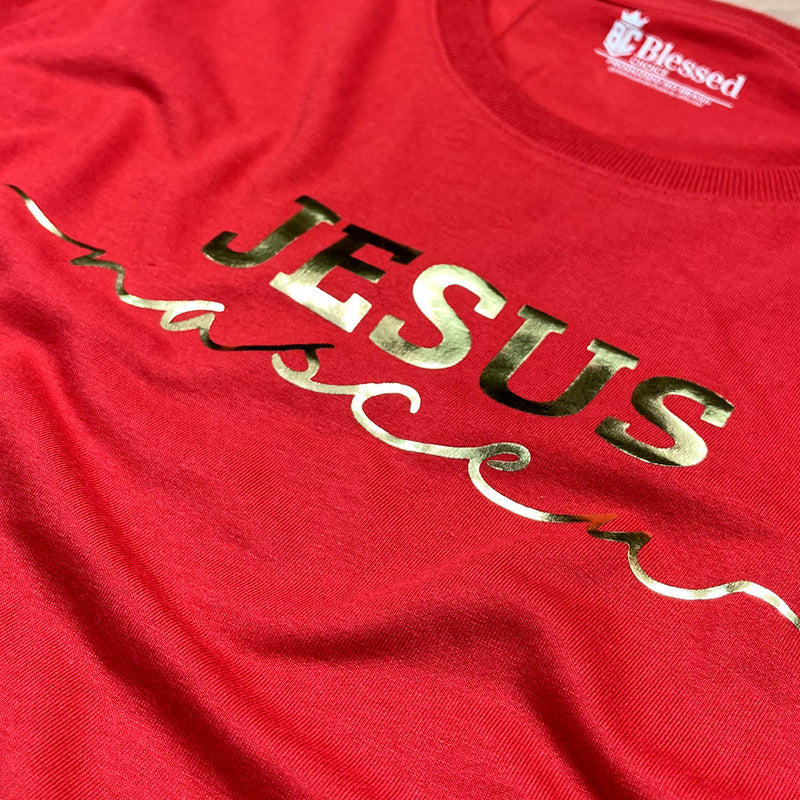 Camiseta Feminina Vermelha Jesus Nasceu Dourado