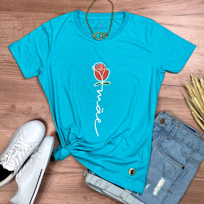 Camiseta Feminina Turquesa Mãe Flor