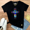 Camiseta Feminina Preta Cruz Leão Azul