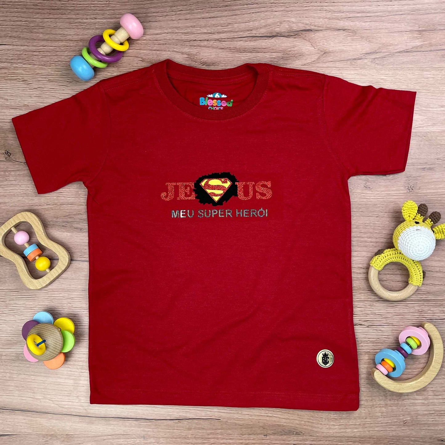 T-Shirt Infantil Vermelha Jesus Meu Super Herói