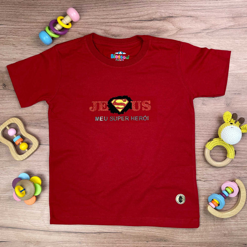 T-Shirt Infantil Vermelha Jesus Meu Super Herói