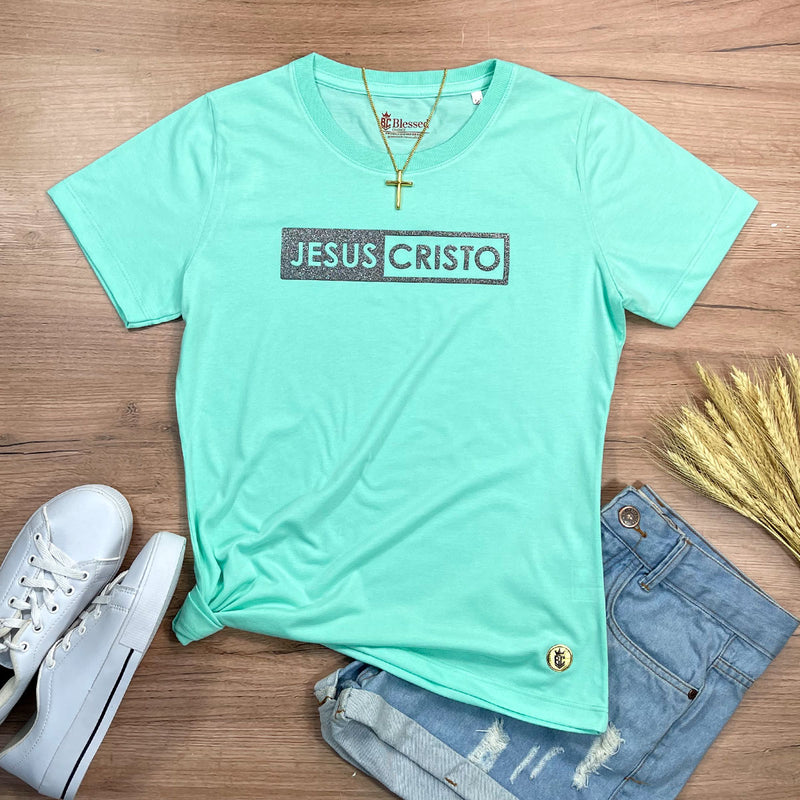Camiseta Feminina Verde Menta Jesus Cristo Glitter