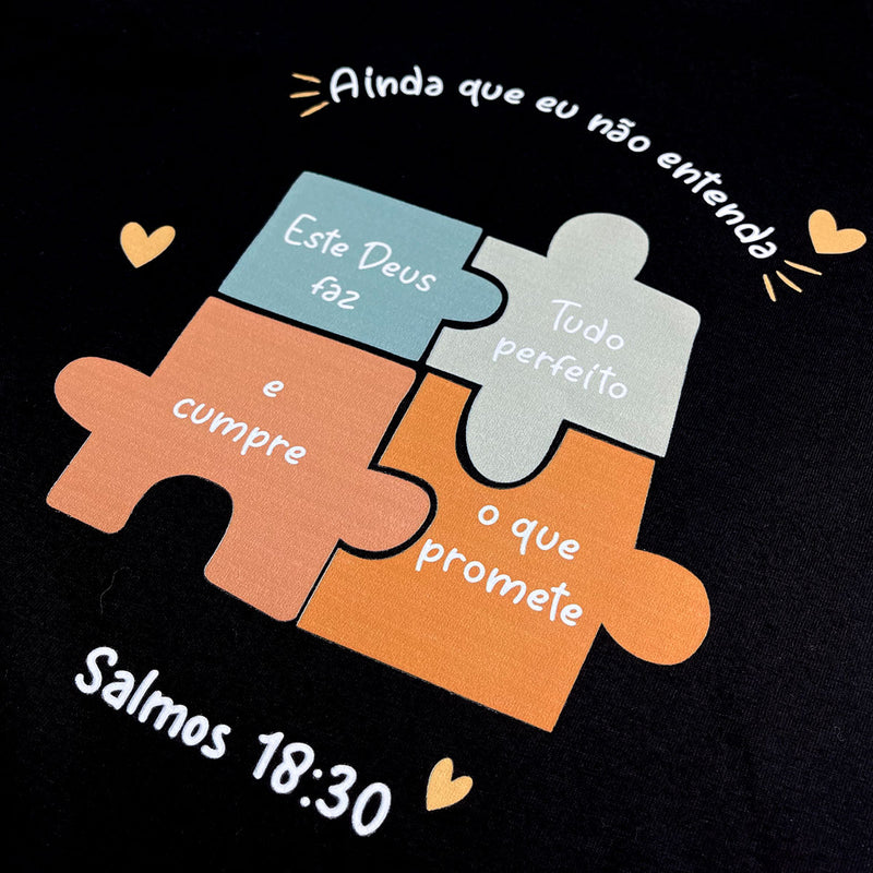 T-Shirt Infantil Preta Quebra-Cabeça Ainda Que Eu Não Entenda