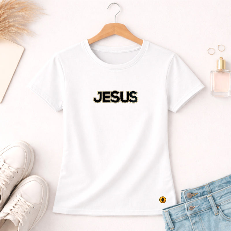 Camiseta Feminina Branca Jesus Aplique Camaleão