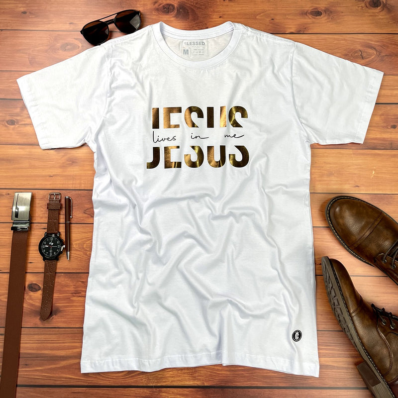 Camiseta Masculina Branca Jesus Lives In Me