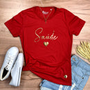 Camiseta Feminina Vermelha Saúde Coração Dourado