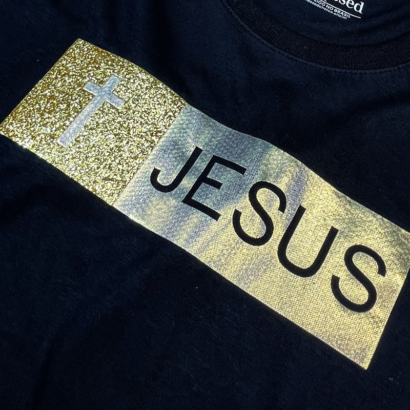 Camiseta Feminina Preta Aplique Jesus Glitter Dourado