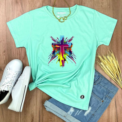 Camiseta Feminina Verde Menta Cruz