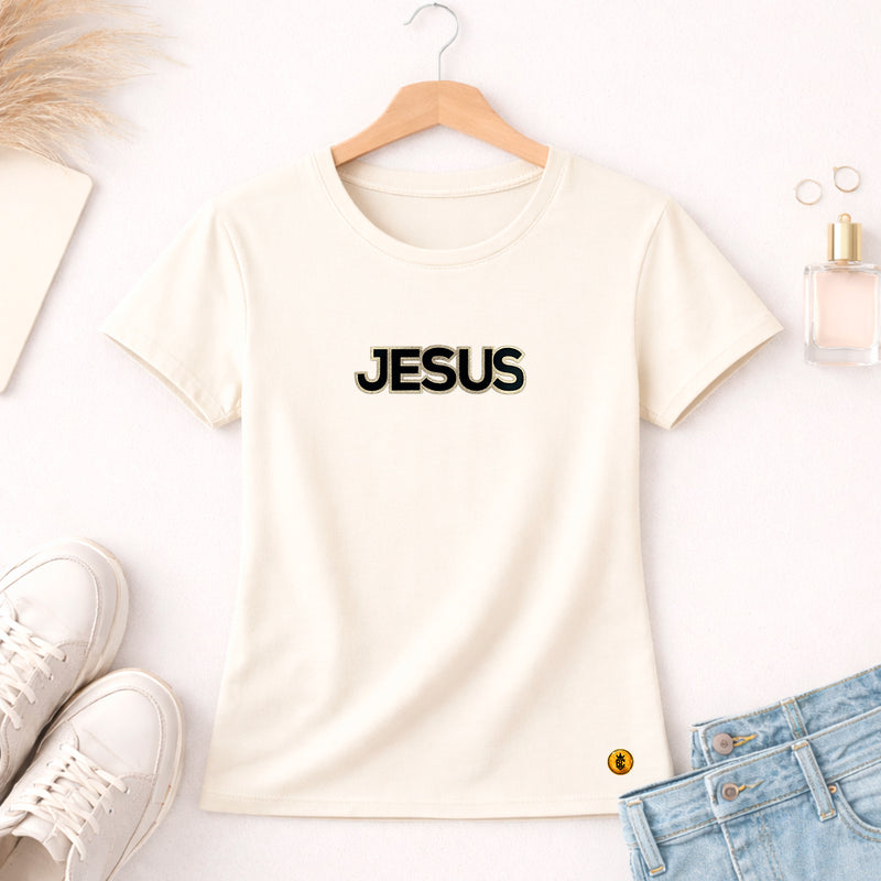 Camiseta Feminina Off White Jesus Aplique Camaleão
