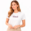 Camiseta Feminina Branca Blessed Glitter Pink Aplique