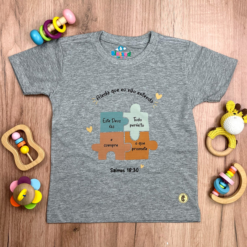 T-Shirt Infantil Cinza Quebra-Cabeça Ainda Que Eu Não Entenda