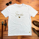 Camiseta Masculina Branca Saúde Coração Dourado
