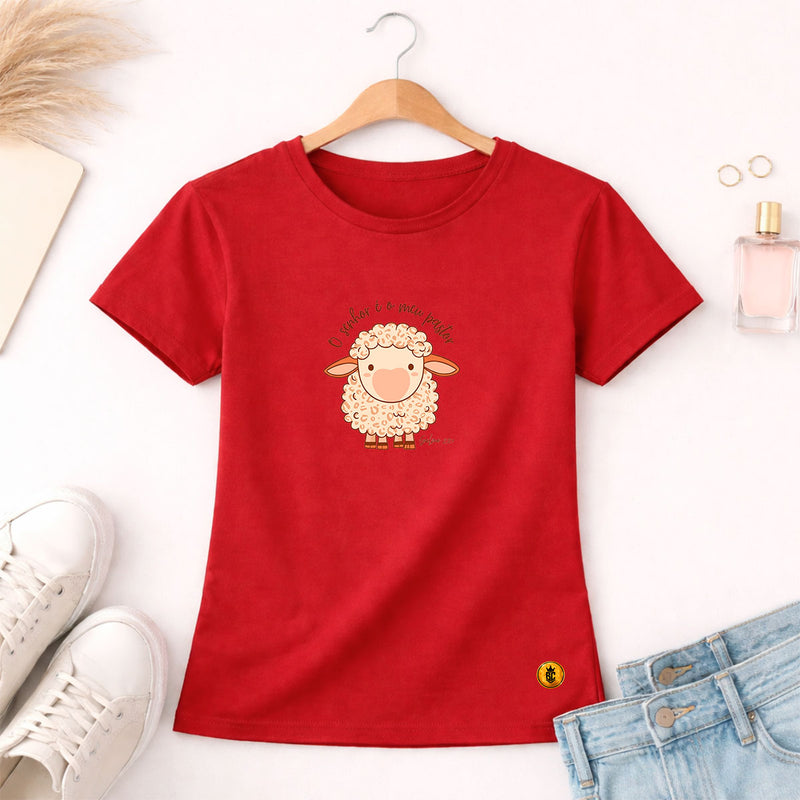 Camiseta Feminina Vermelha O Senhor é o Meu Pastor Ovelha