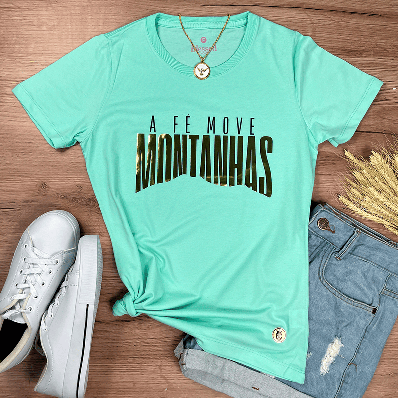 Camiseta Feminina Verde Menta A fé move Montanhas Camaleão